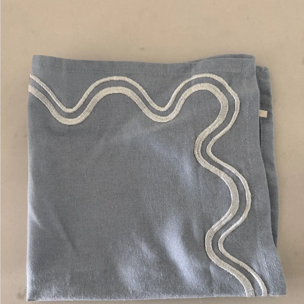 Anthropologie Madeline Embroidered Napkins - Light Blue with White Trim